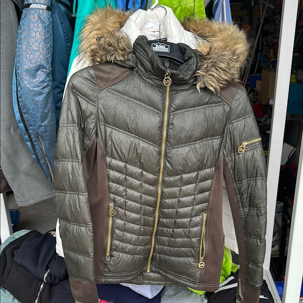 MICHAEL Michael Kors Green and Brown Puffer Jacket with Faux Fur Hood